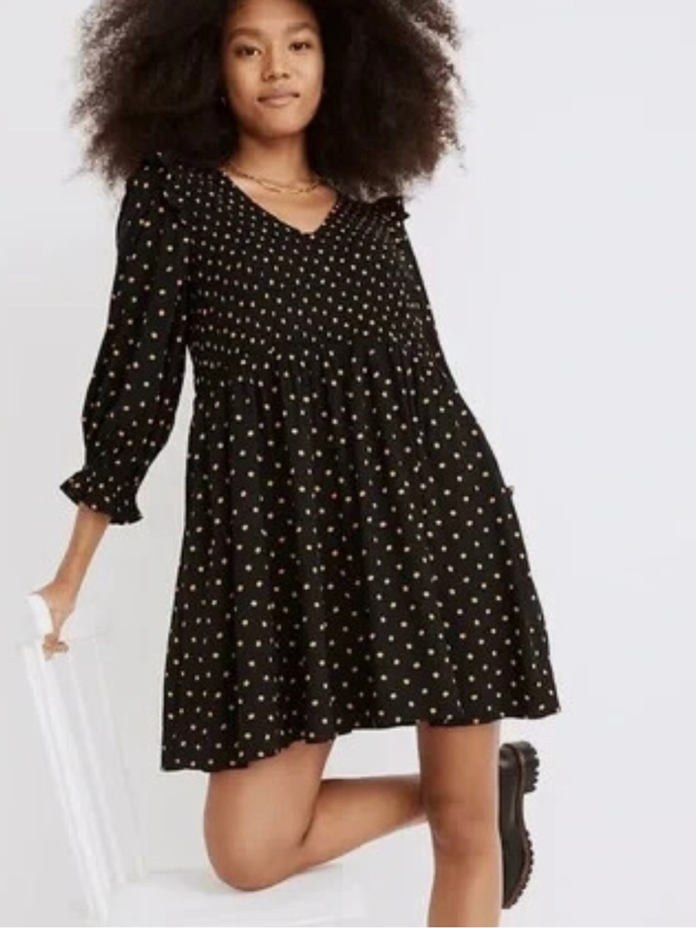 Madewell Lucie V-Neck Smocked Black Dress with Polka Dots
